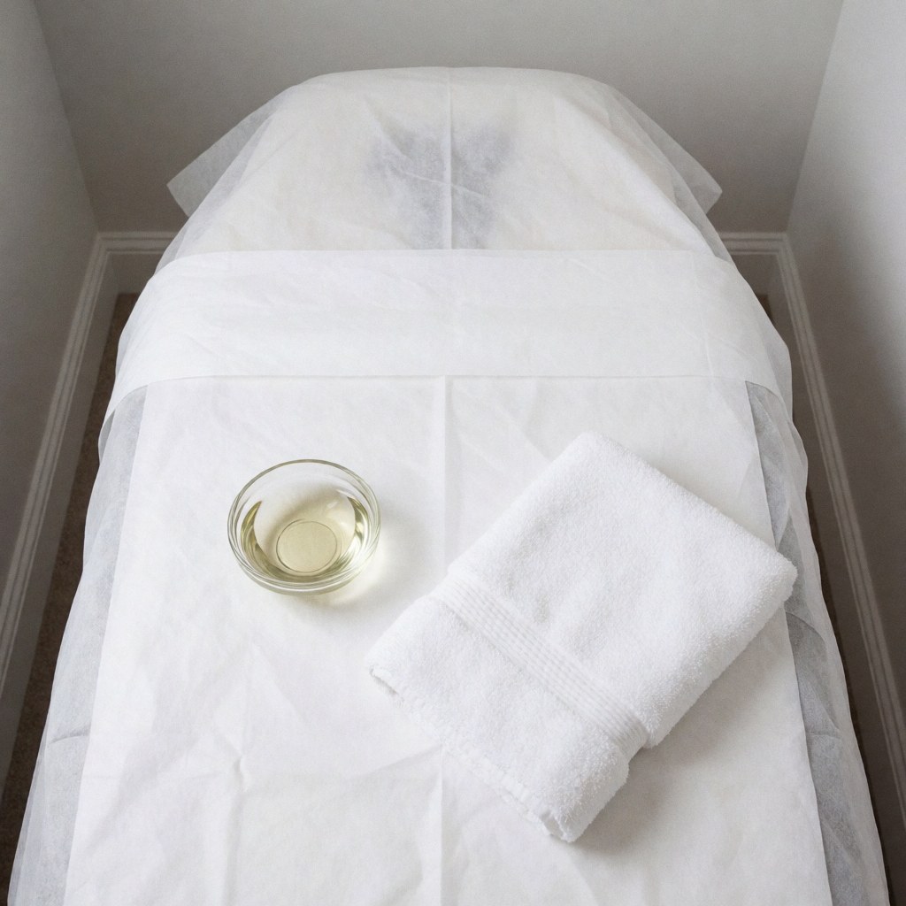 Close-up of a clean massage table covered with a white towel, featuring a small cup of oil and a folded towel, ready for a professional treatment session.