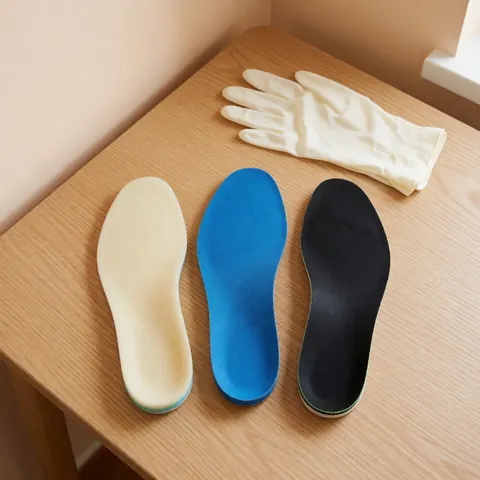 Three podiatry insoles made of foam, gel, and carbon fiber on a light wood table with medical gloves, clean professional background
