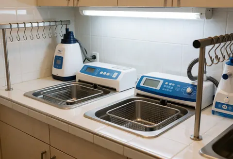 Professional jewelry cleaning station featuring an ultrasonic cleaner, dryers, metal baskets in buckets, white walls, and tiled floor for jewelry repair.
