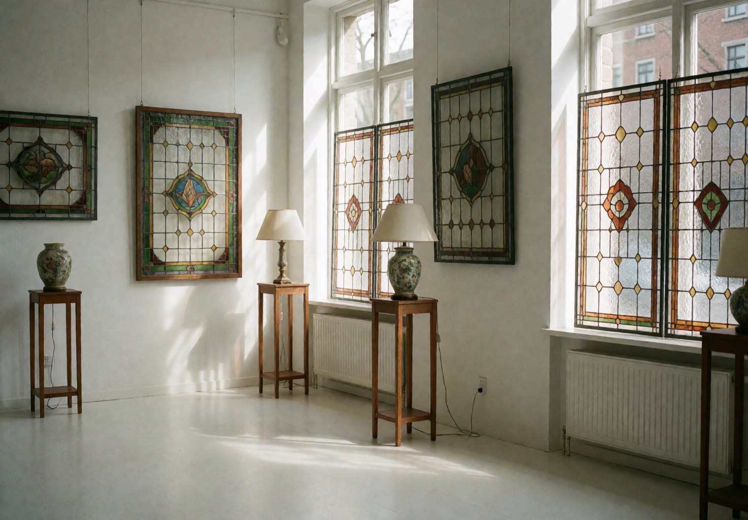 Decorative stained glass panels hanging on white walls in a gallery, featuring wooden furniture, lamps, and natural light from large windows.