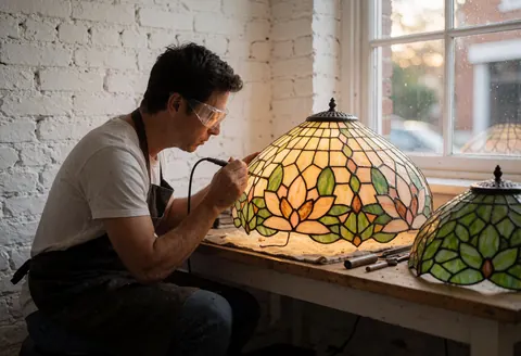A craftsman wearing safety glasses and an apron works on a tiffany lamp in a workshop with white brick walls and warm lighting