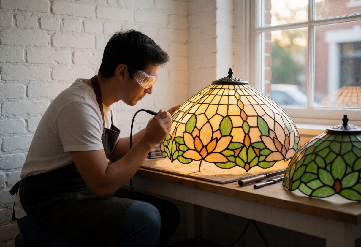 A craftsman wearing safety glasses and an apron works on a tiffany lamp in a workshop with white brick walls and warm lighting