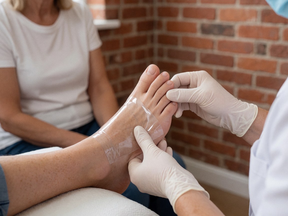 Close-up of a hand applying a clear protective film to a toe during a professional podiatry treatment