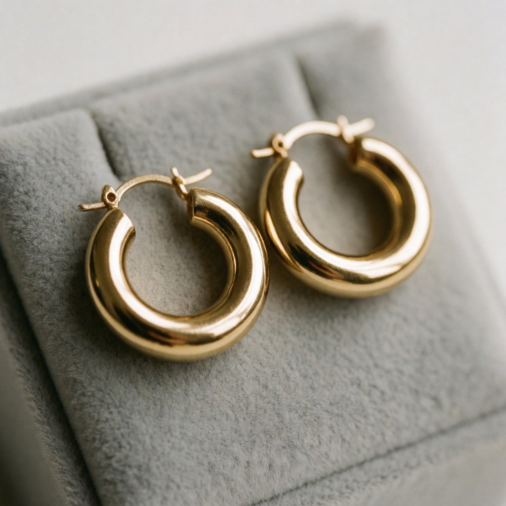 A pair of shiny polished gold hoop earrings displayed on a soft gray velvet cushion for jewelry repair and sales