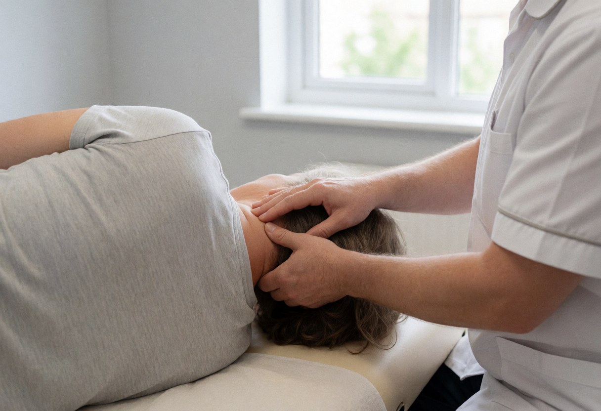 A therapist in a white uniform performs a cervical massage on a client lying on a treatment table near a window with natural light