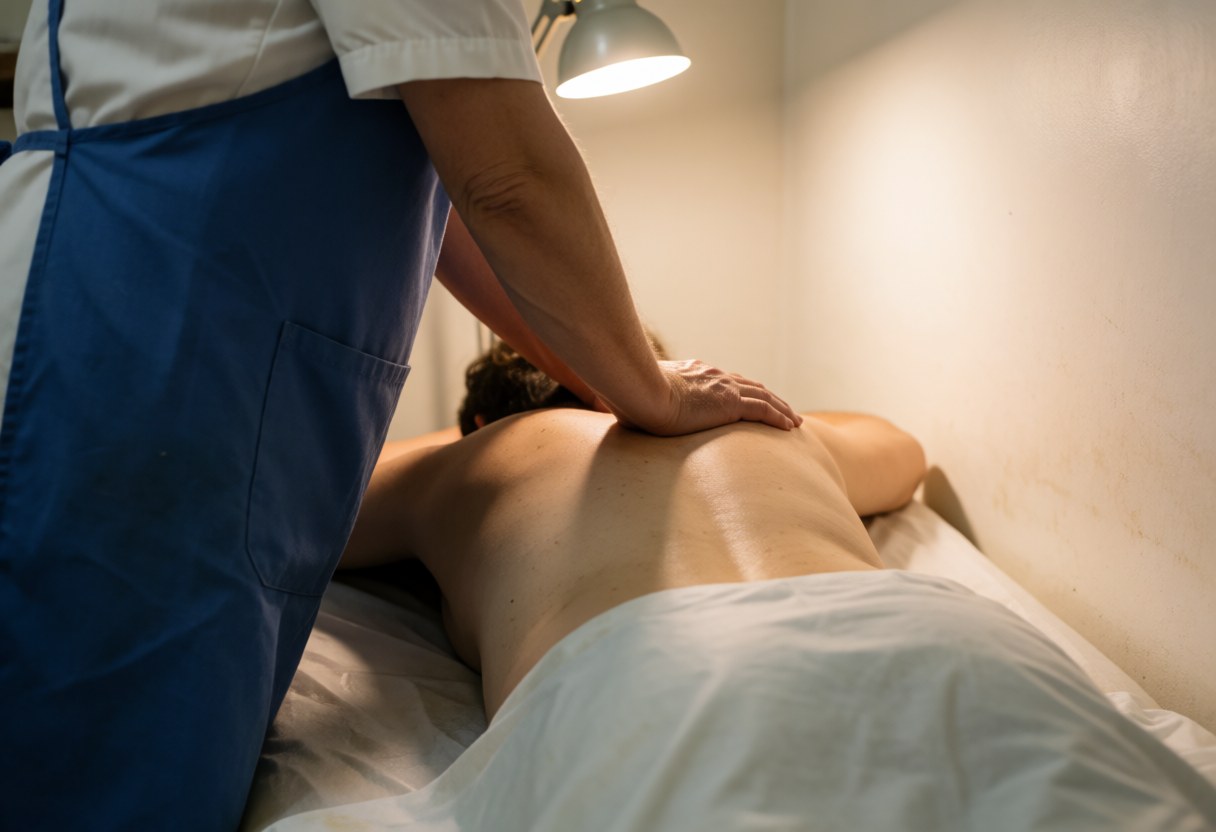 Professional therapist applying therapeutic massage to a client's back in a bright, warm room with light walls.