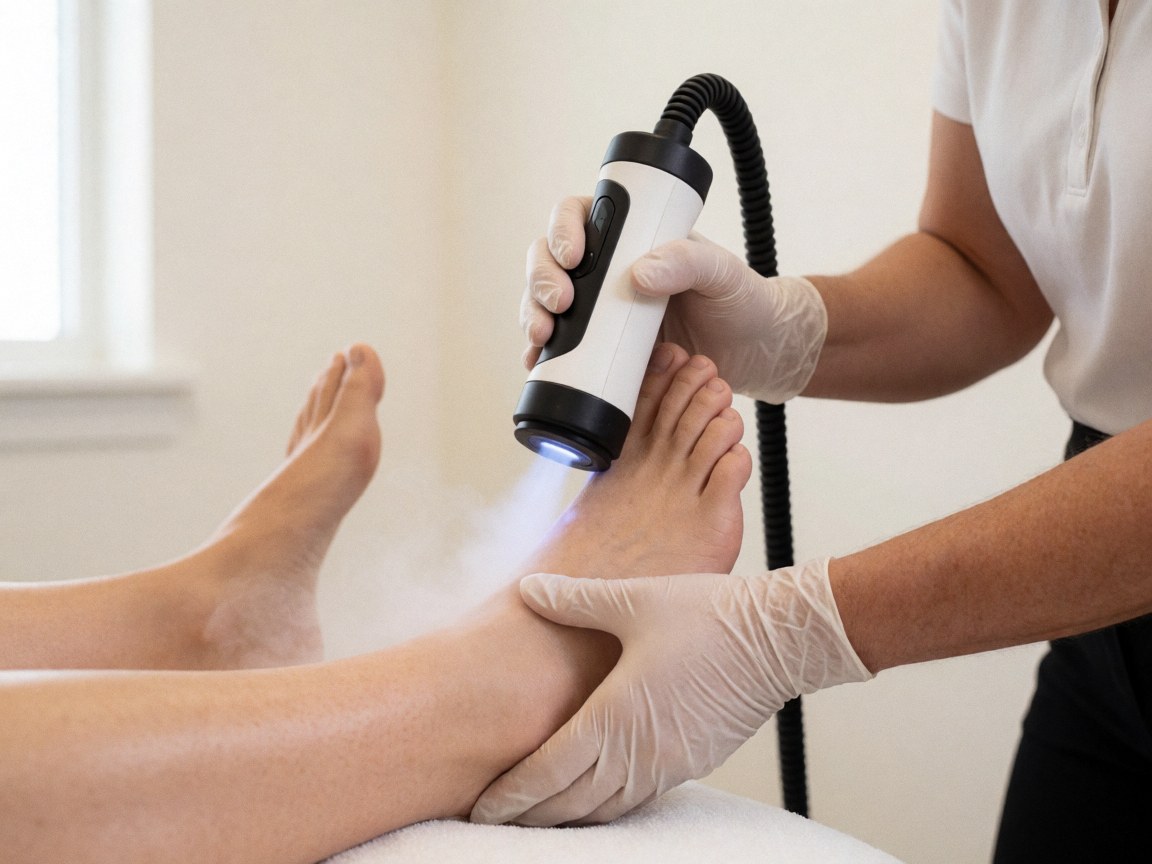 Close-up view of a podiatrist wearing gloves using a cryotherapy device to treat a wart on a patient's foot in a medical salon setting
