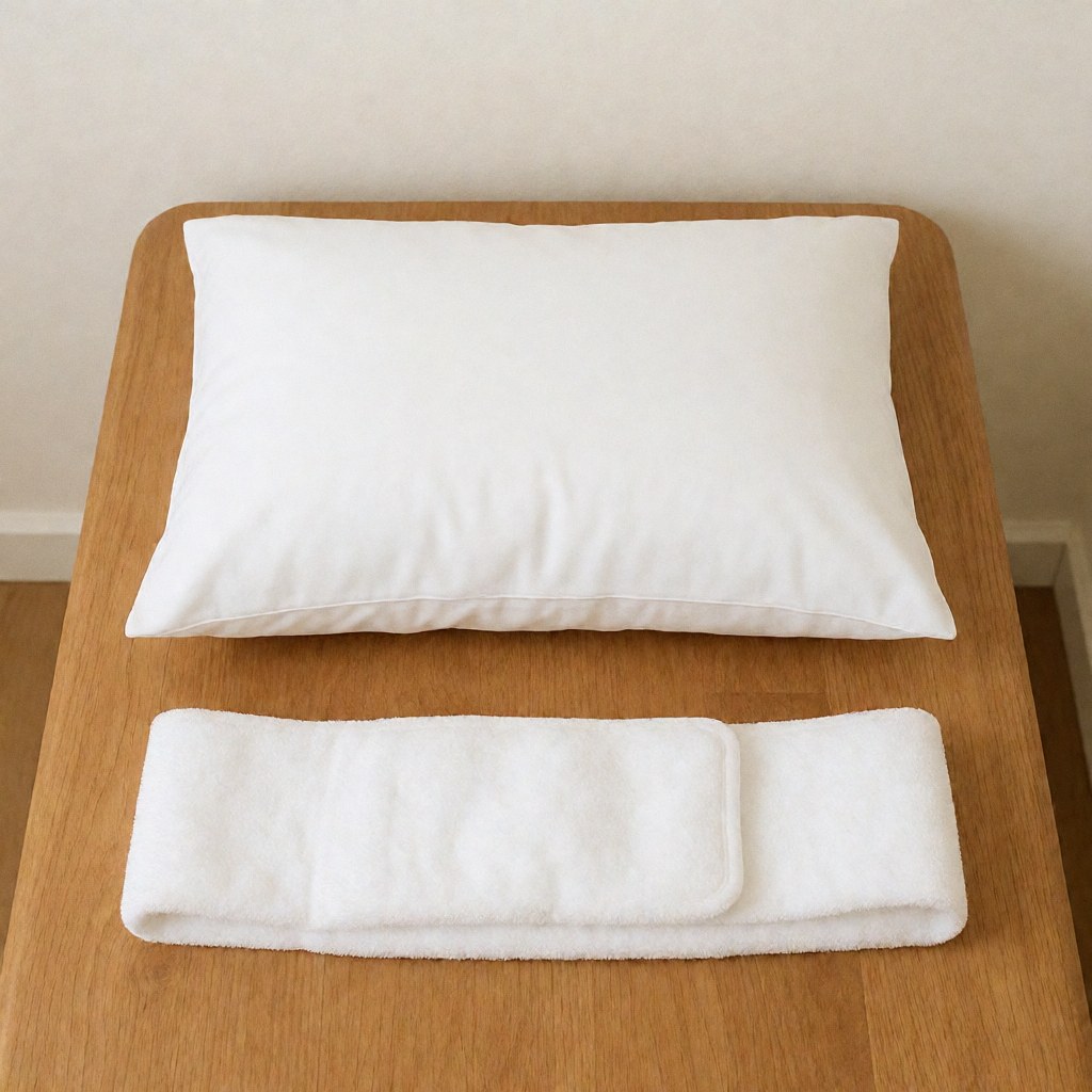 Minimalist wooden treatment bed featuring a white pillow and support strap, set in a clean clinical environment for osteopathy and physiotherapy practice.