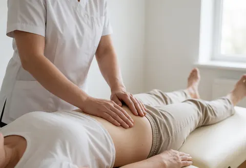 Osteopath in white uniform performs gentle abdominal massage on patient lying on treatment table in bright clinical setting