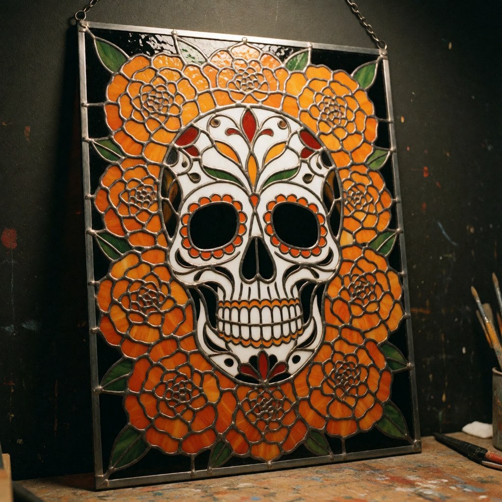 Close-up of a decorative glass skull panel featuring vibrant orange marigold flowers and green leaves, suitable for festive or artistic display.
