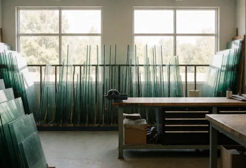 A tidy and organized workshop space for decorative glasswork featuring workbenches, tools, and materials under natural light