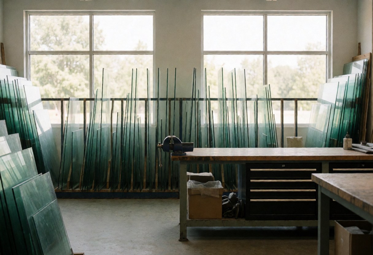 A tidy and organized workshop space for decorative glasswork featuring workbenches, tools, and materials under natural light