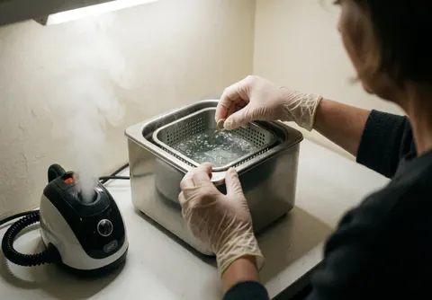 A professional wearing nitrile gloves places a gold ring into an ultrasonic cleaner on a white table under LED light for jewelry repair service.