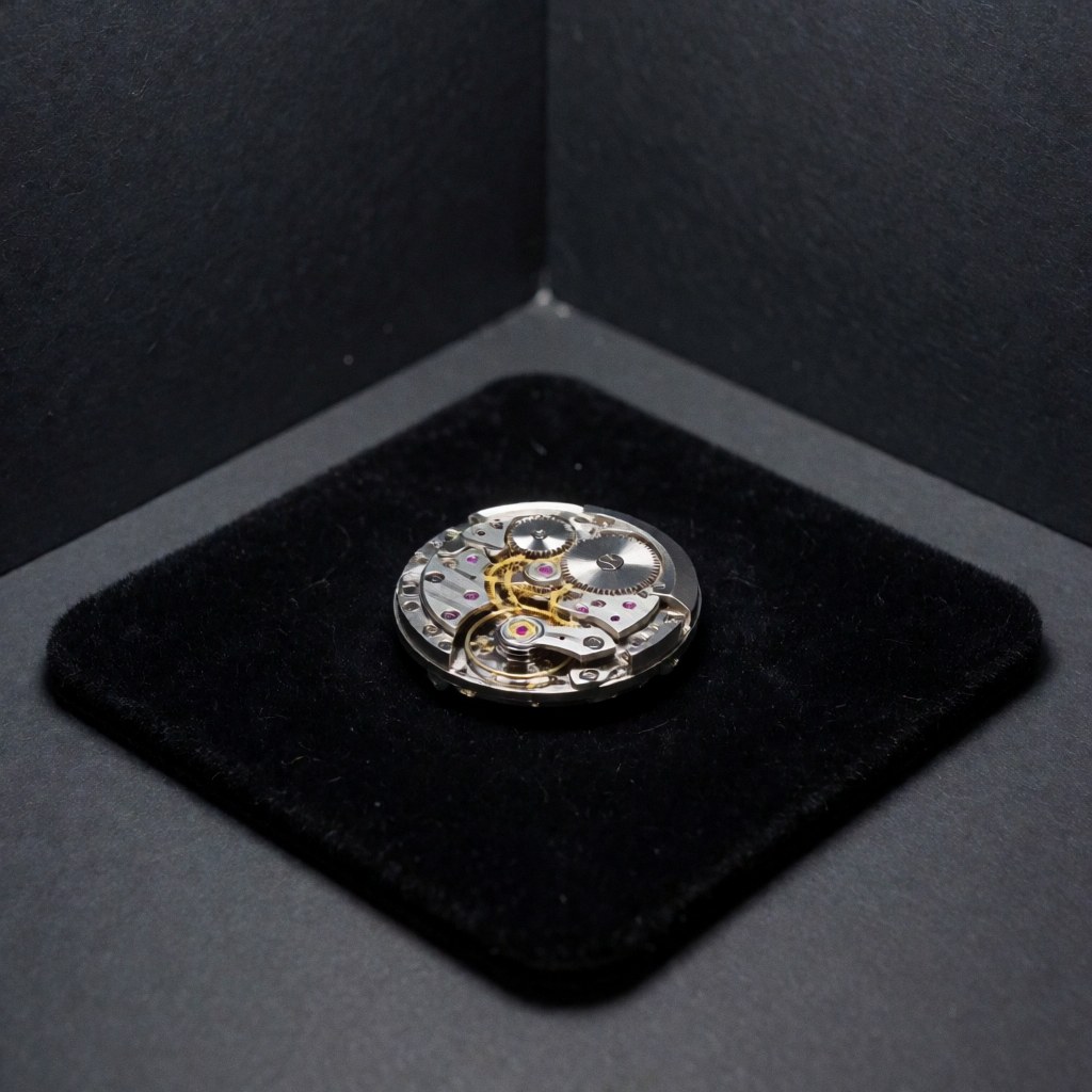 Close-up view of an open Swiss watch movement mechanism resting on a black velvet surface with soft lighting against a gray background