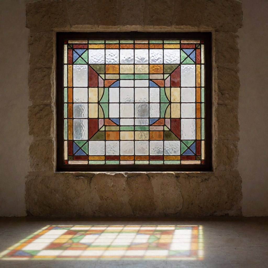Close-up view of an installed colonial style stained glass window featuring intricate decorative patterns and vibrant colors set within a white frame