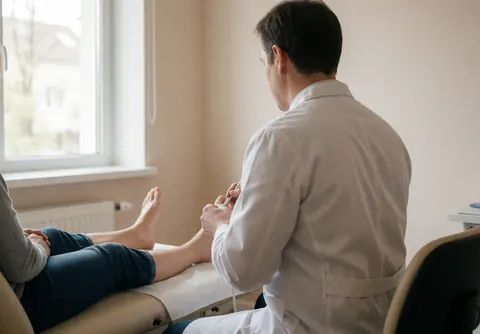 A professional podiatrist examining and treating a patient's foot on a specialized treatment bed in a clean clinic setting