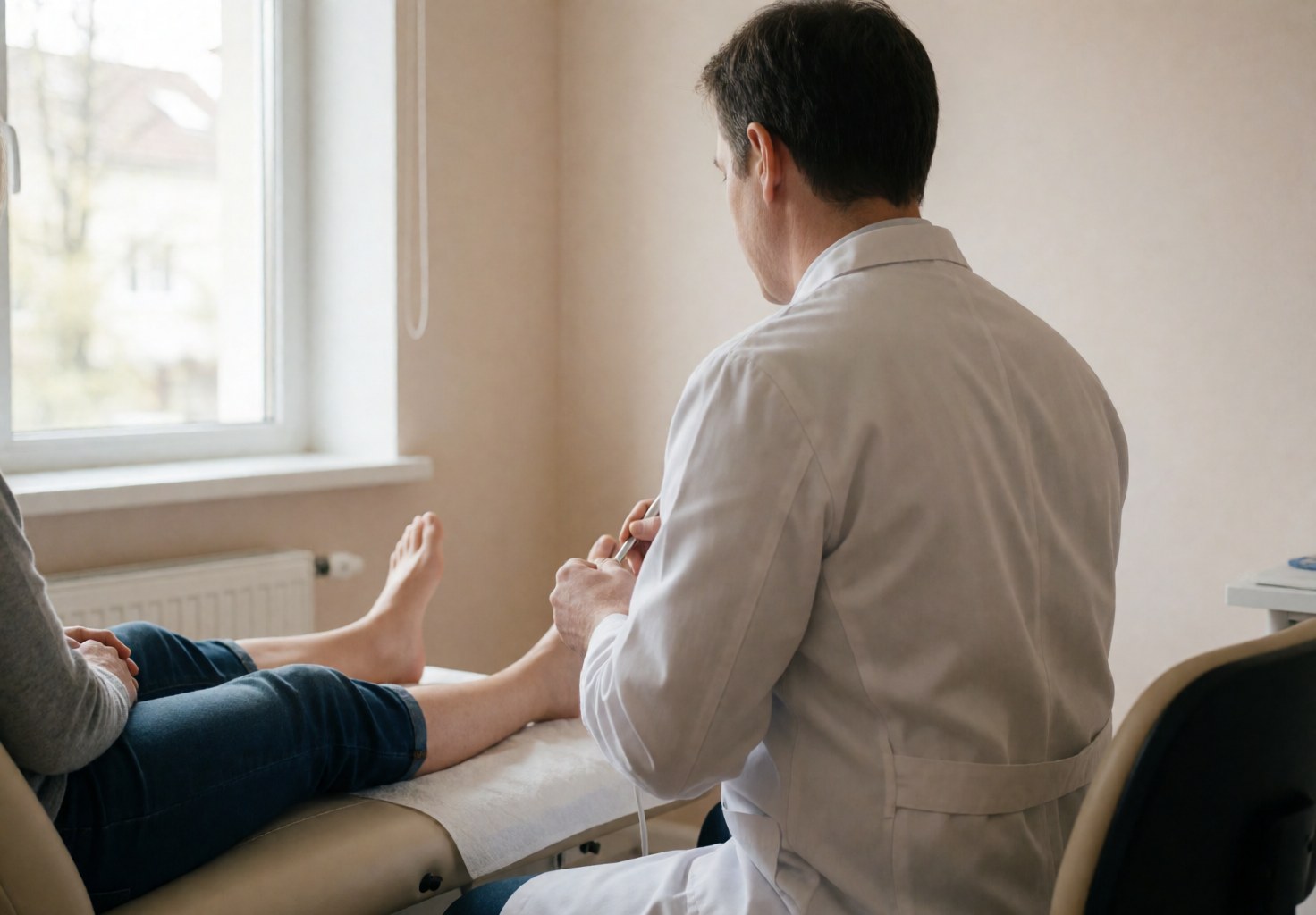 A professional podiatrist examining and treating a patient's foot on a specialized treatment bed in a clean clinic setting