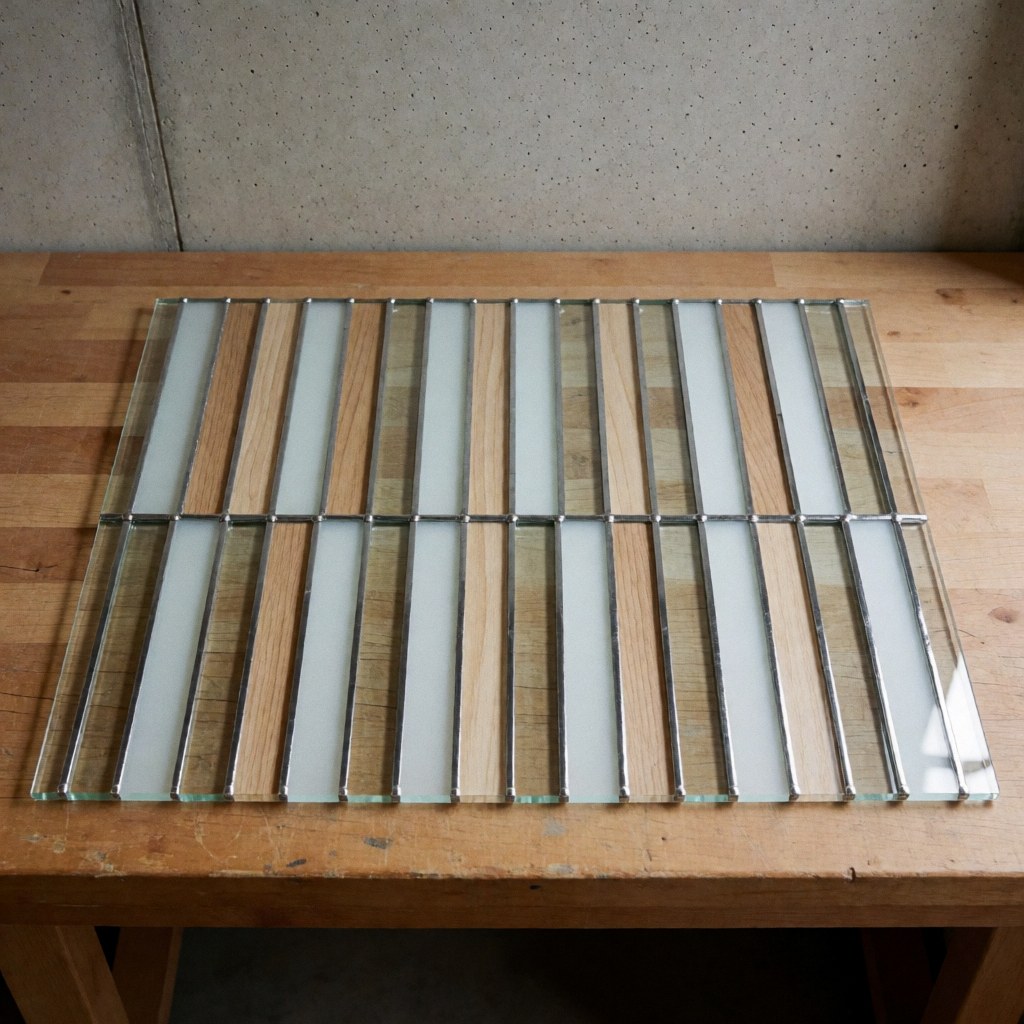 Close-up view of a flat geometric glass panel featuring a minimalist design with a wooden frame, suitable for decorative interior applications.