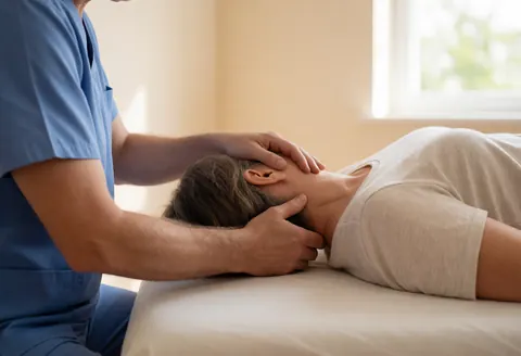 Close-up view of a therapist's hands performing a detoxifying massage on a patient's neck during a treatment session