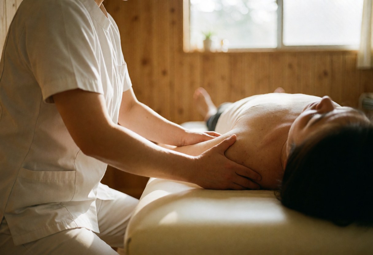 A close-up view of a professional therapist's hands performing manual physiotherapy techniques on a client lying on a treatment table in a clinical setting