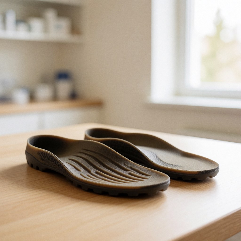 Close-up of specialized mountain insoles used in podiatry, showcasing arch support and traction features for professional footwear care