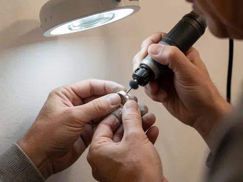 Close-up of hands using a rotary tool to polish a silver ring, creating a shiny metal surface against a white background