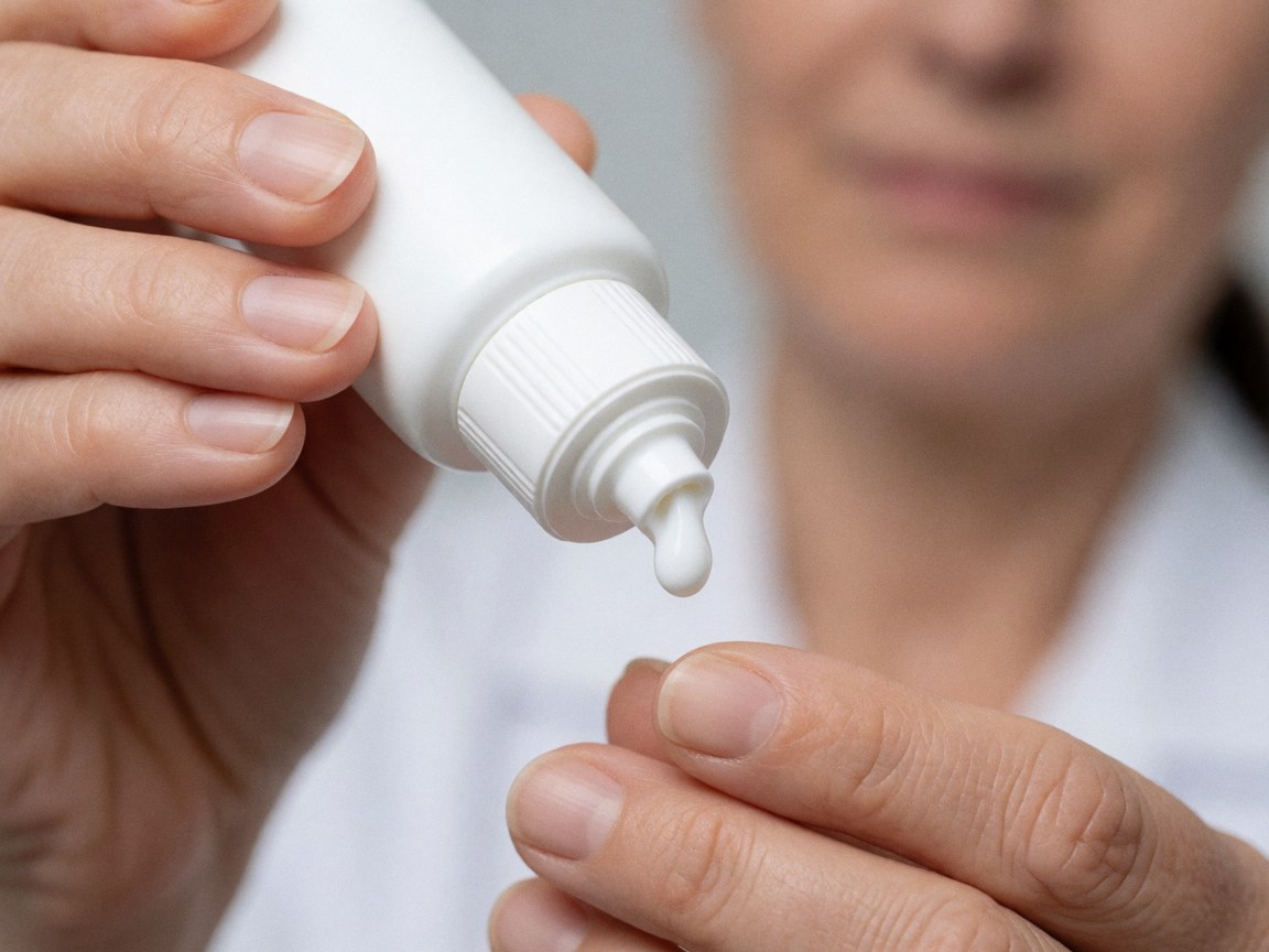 Close-up of a medical cream droplet on a professional hand with a blurred clinical background, highlighting product texture and viscosity.