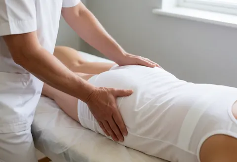 A close-up view of a therapist's hands applying pressure to a client's pelvis during a lateral pelvic adjustment session in a quiet treatment room.