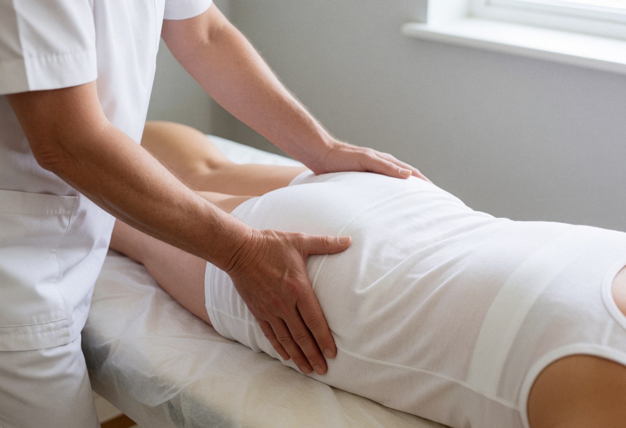A close-up view of a therapist's hands applying pressure to a client's pelvis during a lateral pelvic adjustment session in a quiet treatment room.