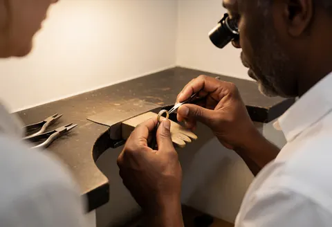 Close-up view of a jeweler using tweezers and a magnifying glass to repair a gold ring in a professional workshop setting