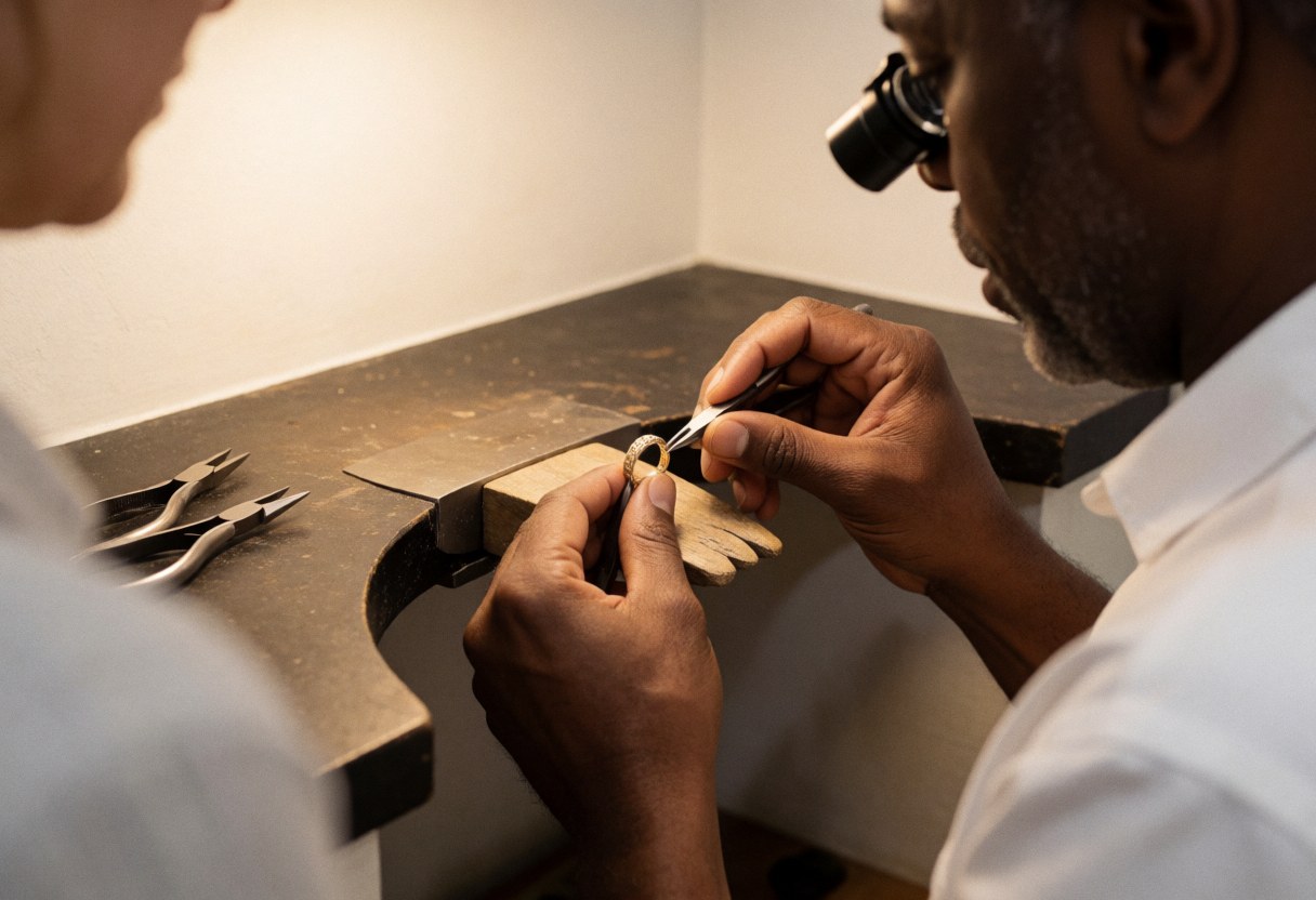Close-up view of a jeweler using tweezers and a magnifying glass to repair a gold ring in a professional workshop setting