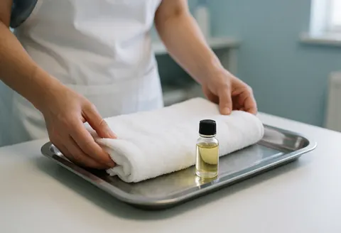 Therapist preparing a white towel and oil bottle on a metal tray in a clean clinical setting