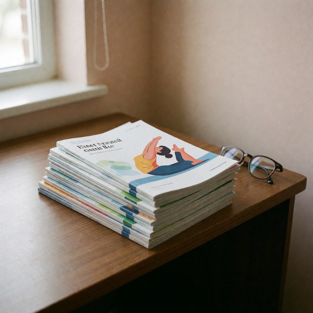 Stack of osteopathy exercise guides with stretching illustration, reading glasses, and natural light on a wooden table for clinic use