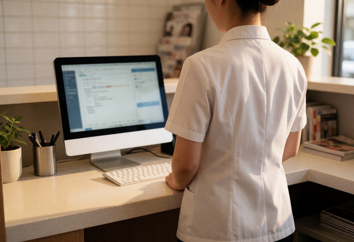 Bright reception desk in a podiatry clinic featuring a computer, white tiles, and waiting area with chairs and magazines.