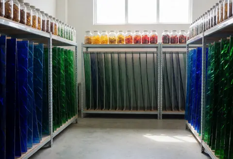 Decorative glass warehouse featuring metal racks holding blue and green glass sheets and jars filled with warm-toned glass fragments illuminated by natural light.