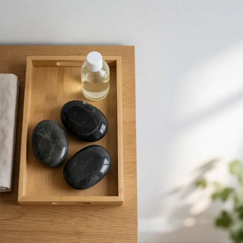 Wooden tray holding three hot volcanic stones, a bottle of oil, and a beige towel for osteopathy and relaxation treatments