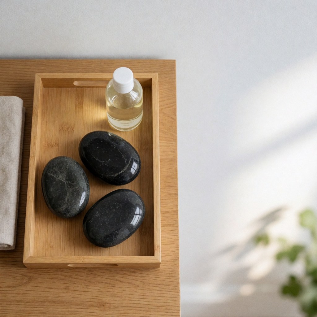 Wooden tray holding three hot volcanic stones, a bottle of oil, and a beige towel for osteopathy and relaxation treatments