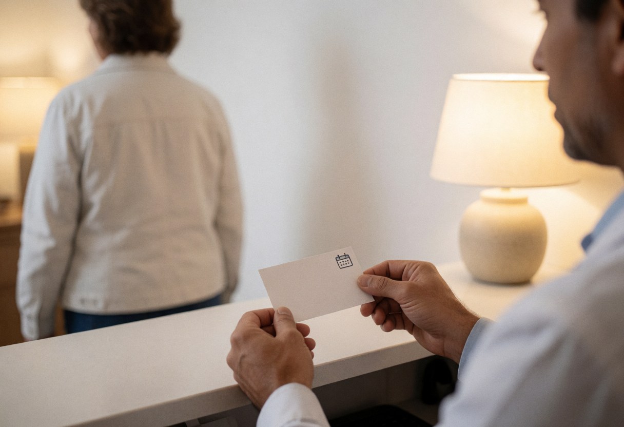 A therapist places a calendar icon appointment card on a reception table while a patient walks away in a warm, professional clinic setting.