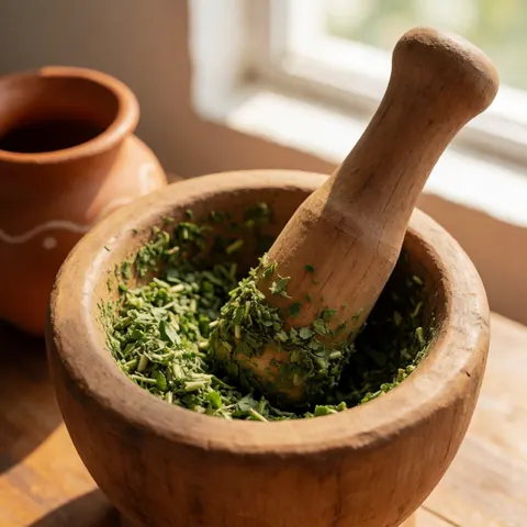 A wooden herb grinder and small clay container illuminated by natural light, showcasing traditional herbal healing tools.