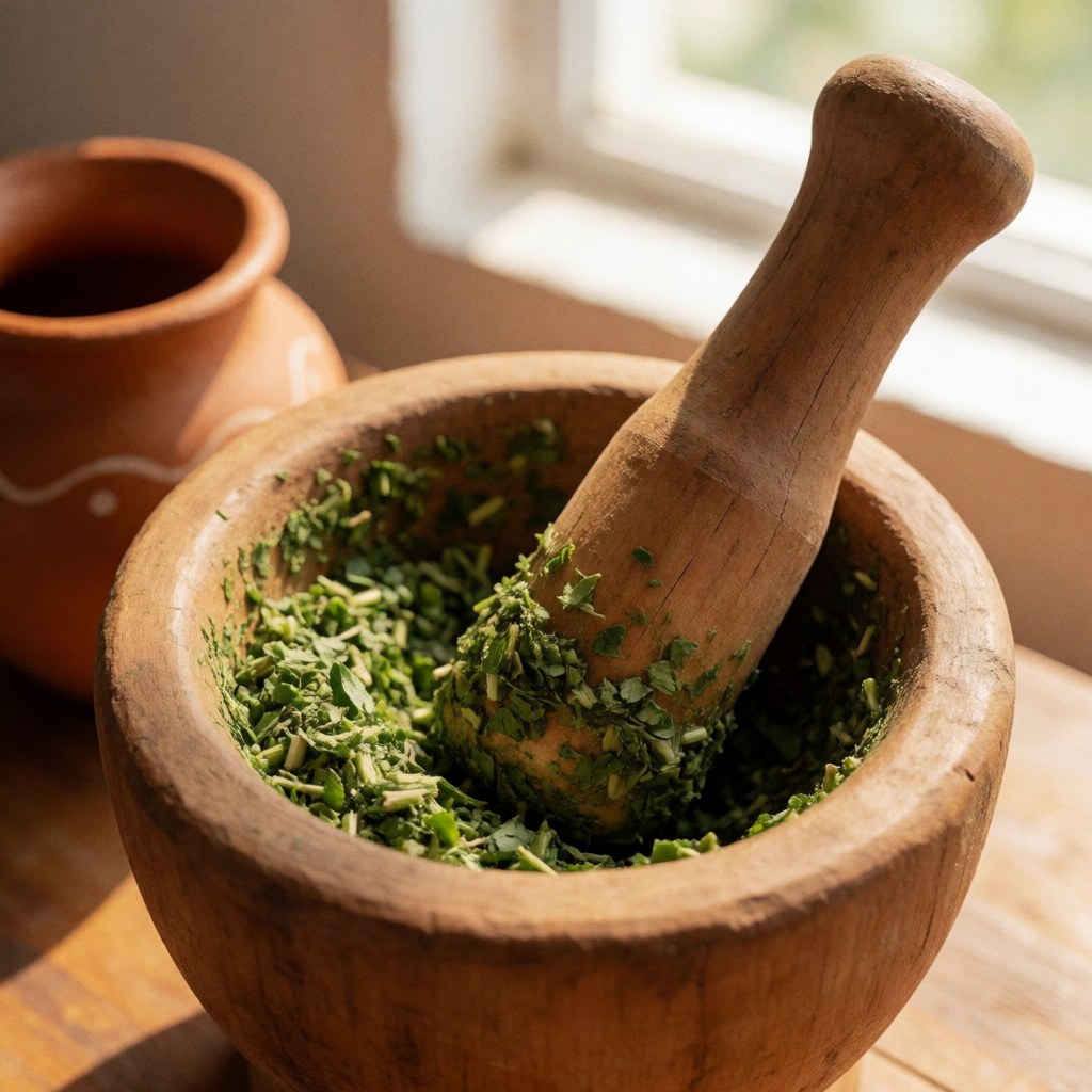 A wooden herb grinder and small clay container illuminated by natural light, showcasing traditional herbal healing tools.