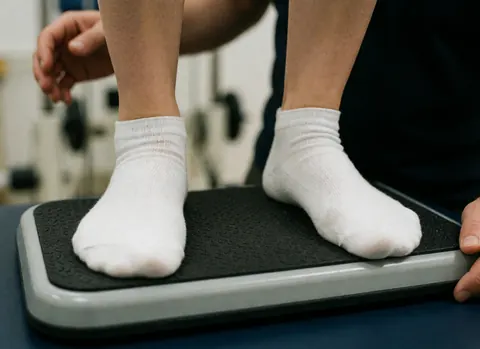 Detailed view of feet wearing sneakers on a black balance board held by a therapist for advanced physical rehabilitation