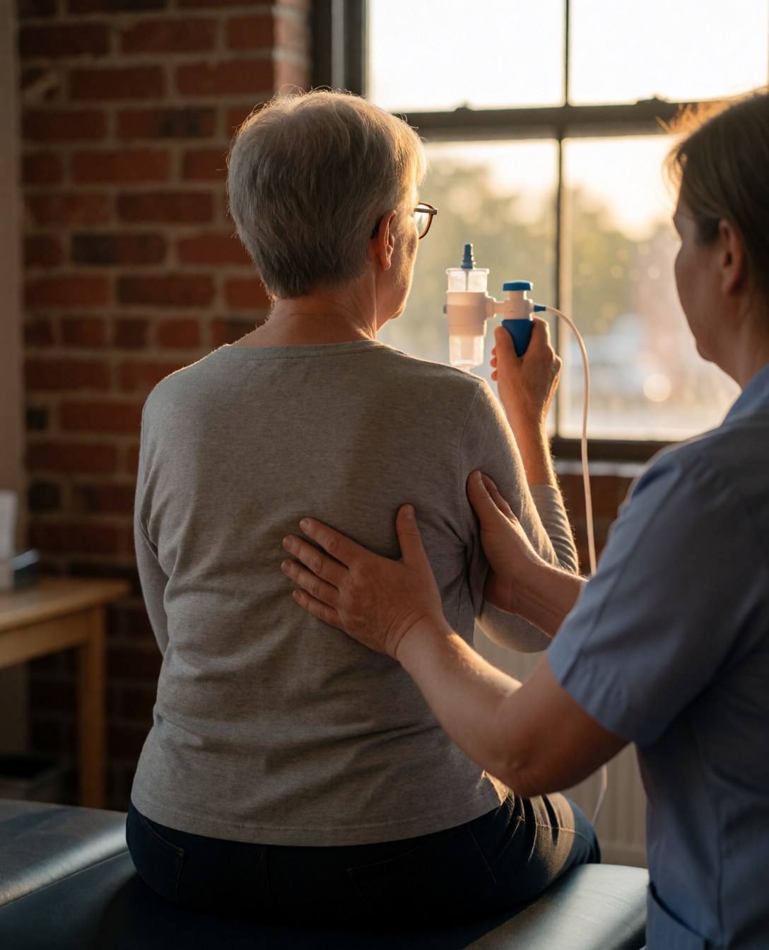 A patient sits on a therapy table using a spirometer while a physiotherapist supports their chest, creating a warm and calming atmosphere.
