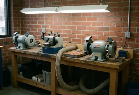 Sharpening station with tools, grinding machines, brick wall, and ceiling light, ideal for tool repair
