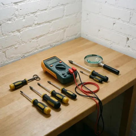 A collection of diagnostic tools including a multimeter, screwdrivers, and a magnifying glass arranged on a wooden workbench for electronics repair