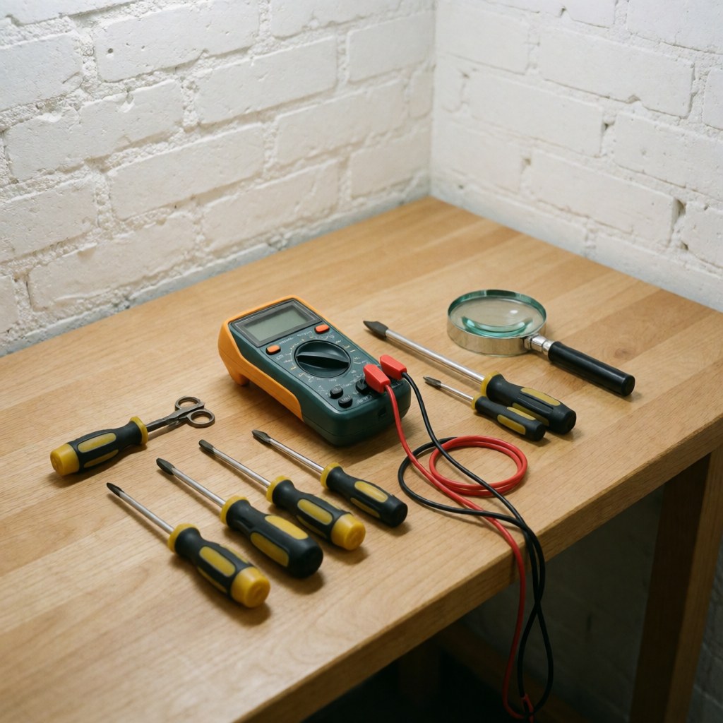 A collection of diagnostic tools including a multimeter, screwdrivers, and a magnifying glass arranged on a wooden workbench for electronics repair