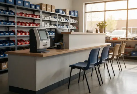 Clean modern reception of a tool repair shop with chairs, shelves, and natural light from the window.
