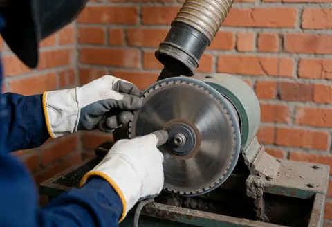 A technician wearing gloves sharpens a circular saw blade on a grinding wheel in a workshop with a brick wall and dust extraction tube