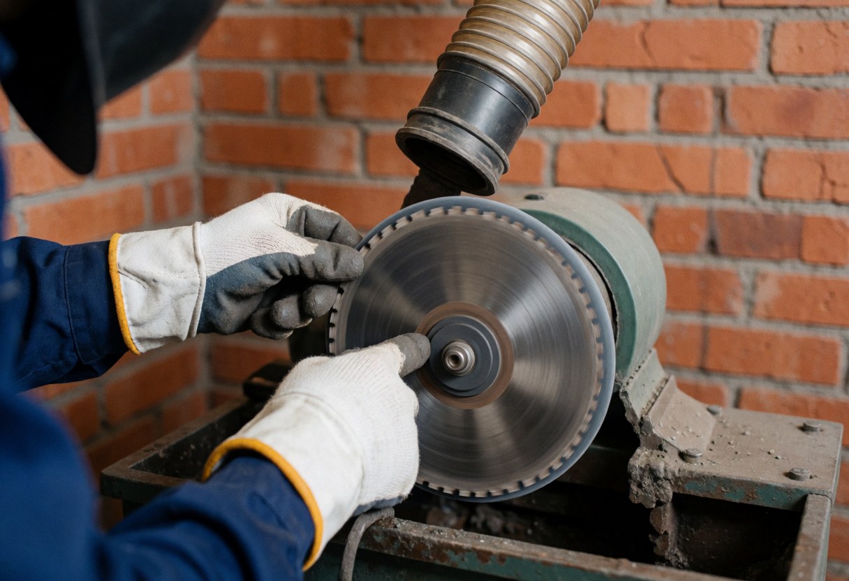A technician wearing gloves sharpens a circular saw blade on a grinding wheel in a workshop with a brick wall and dust extraction tube