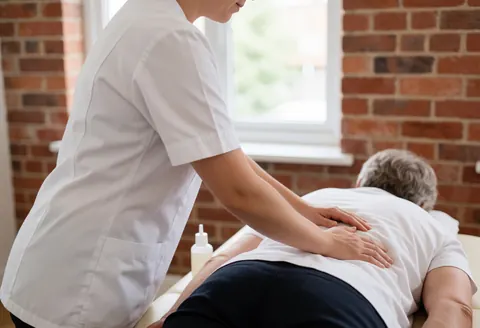 A physiotherapist in a white uniform applies gel to a patient's back during a manual therapy session in a clinic with natural light.