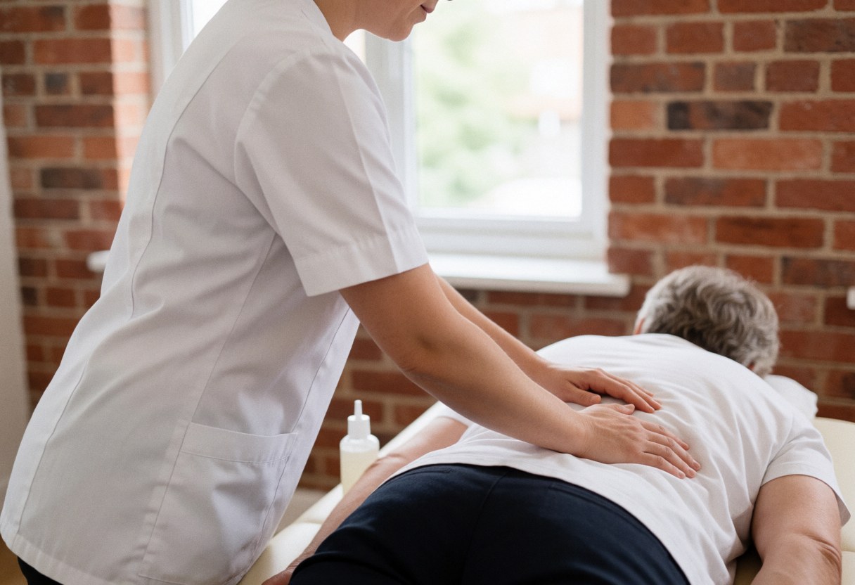 A physiotherapist in a white uniform applies gel to a patient's back during a manual therapy session in a clinic with natural light.